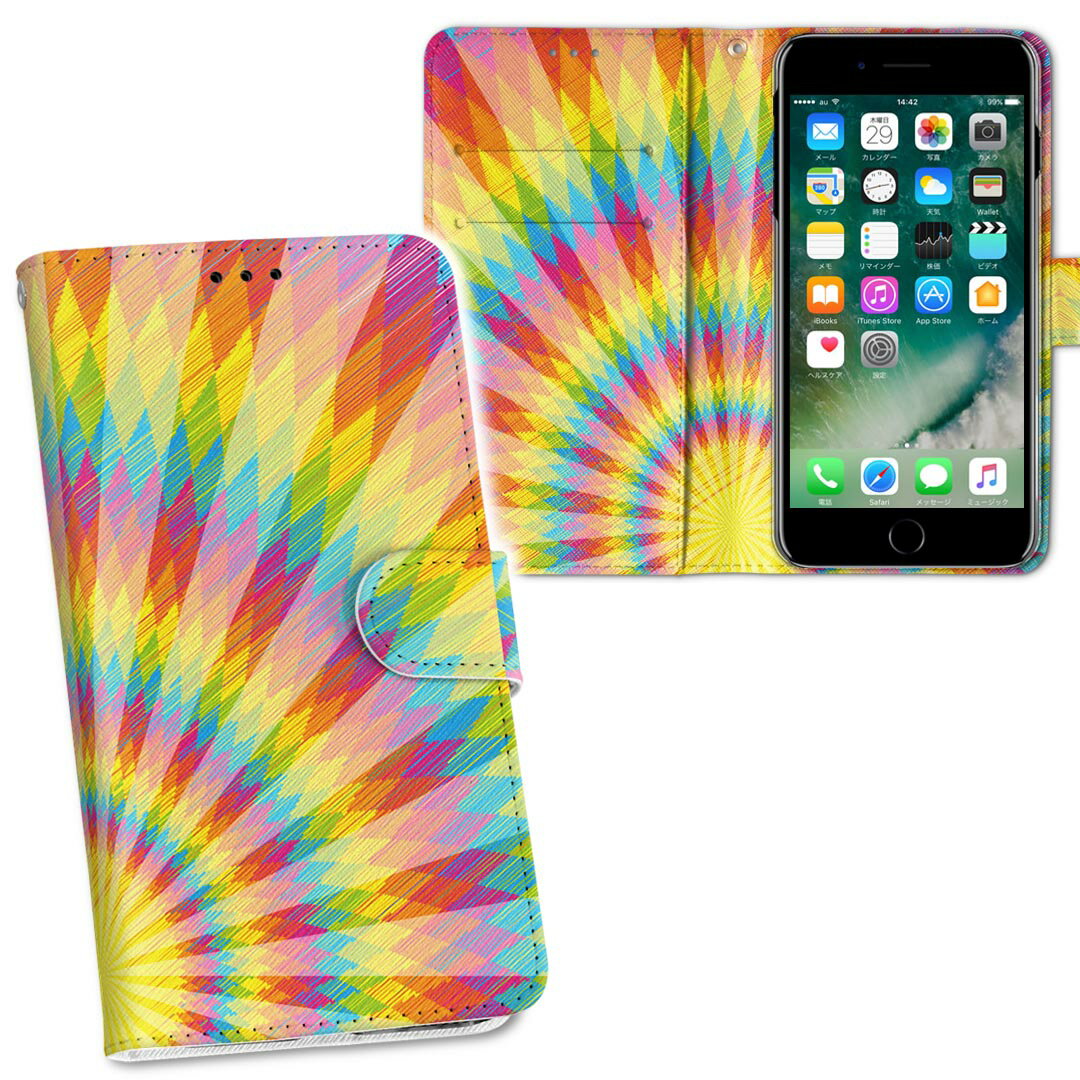 商品特徴・シームレスな両面フルデザイン、開いた時も内側のデザインが楽しめます・素材には高品質の人工革を貼った、しっかり厚みのあるタイプ・内側にはスマホを装着するケースが付属・機種専用のカメラホール仕様でケースを装着したままの撮影が可能・ワンセグや動画の視聴に便利な横置きスタンド機能・ICカードなどを2枚まで収納できるカードスロット＆ポケット付き・マグネットフリップで開け閉めカンタン注意事項商品画像はサンプルイメージですので、ご覧の環境によっては多少色味に違いを感じる場合がございます。イメージと違った、モニターと色味が異なるという理由での交換や返金はご対応出来かねます。カバーのみの販売で本体は付属しません。ケース装着のまま充電可能ですが、卓上ホルダでの充電は仕様上対象外となります。また、充電ケーブルの差し込み口の位置によっては外側カバーを開く必要があります。こちらは無地のレザーにデザインをプリントした商品で、デコなどの加工はございません。凹凸や光沢があるように見えたり布地や金属を素材にしたように見える商品もありますが、デザインの図版によるものです。撮影時にカバーが映り込む恐れがあるため、カメラ用の穴は若干大きめに開けています。カメラ穴の位置にわずかなズレが生じる場合がございます。また印刷時に微妙な画像のズレが生じる場合がございます。製作後、すぐに梱包・発送していますため、インク独特の匂いが残る場合があります。こちらは自然と薄まりますが、気になる方は風通しの良い場所で数日保管してください。ご注文後に1点1点制作する受注生産品のため、不良品以外のご返品や交換は固くお断り致します。機種の選択間違いも保証対象外となりますため、ご注文の際は必ず機種をご確認下さい。発送について完全受注生産のハンドメイド商品となりますので、既製品と比べて発送までお時間を頂いています。 基本的に決済確認後、通常で3営業日程度、最大で10営業日程度での発送となります。繁忙期や休業日明けの場合はさらに時間がかかる場合があります。 その際には別途メールにてご連絡致します。メール便の場合、発送日から到着までに2−4日ほどかかる場合が多く、紛失などの保障もご対応できかねます。あらかじめご了承下さい。