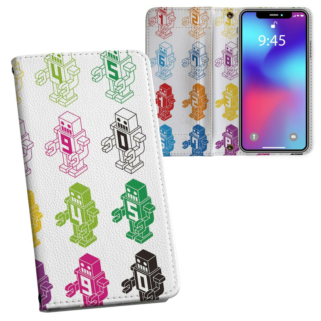 乐天商城 - SC-02M Galaxy A20 ギャラクシー エートゥエンティ sc02m docomo ドコモ 両面プリント 裏表 内側 内面 スマホ カバー レザー ケース 手帳タイプ フリップ ダイアリー 二つ折り 革 フルデザイン 000135 カラフル　ロボット　数字