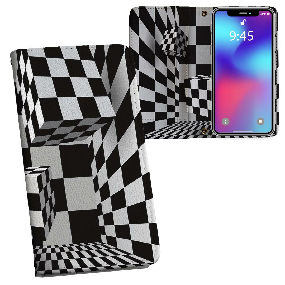iPhone11 Pro 5.8インチ 専用 iphone11pro アイフォン softbank docomo au 両面プリント 裏表 内側 内面 スマホ カバー レザー ケース 手帳タイプ フリップ ダイアリー 二つ折り 革 フルデザイン 006712 ユニーク 市松模様　白黒