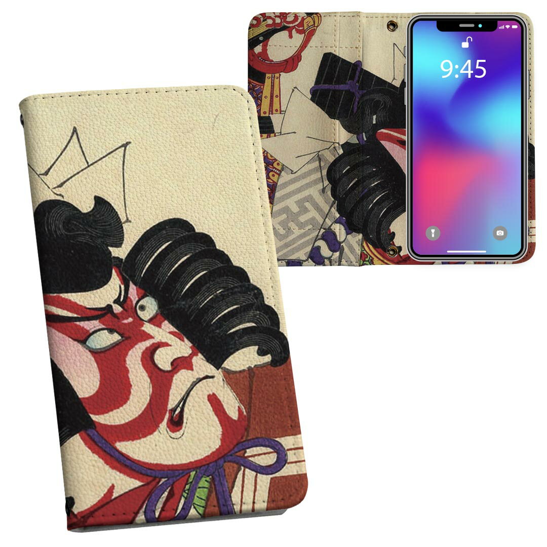 iPhone11 Pro 5.8インチ 専用 iphone11pro アイフォン softbank docomo au 両面プリント 裏表 内側 内面 スマホ カバー レザー ケース 手帳タイプ フリップ ダイアリー 二つ折り 革 フルデザイン 011482 和風　和柄　歌舞伎
