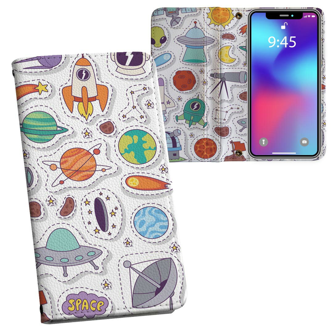 iPhone11 Pro 5.8インチ 専用 iphone11pro アイフォン softbank docomo au 両面プリント 裏表 内側 内面 スマホ カバー レザー ケース 手帳タイプ フリップ ダイアリー 二つ折り 革 フルデザイン 013332 ロケット　宇宙　惑星