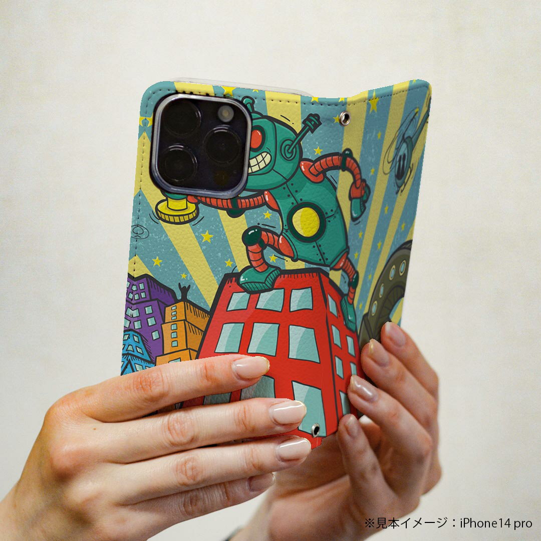 SO-02J Xperia X compact エクスペリア X Compact so02j docomo ドコモ 手帳型 スマホ カバー カバー レザー ケース 手帳タイプ フリップ ダイアリー 二つ折り 革 008742 ロボット　イラスト　レトロ