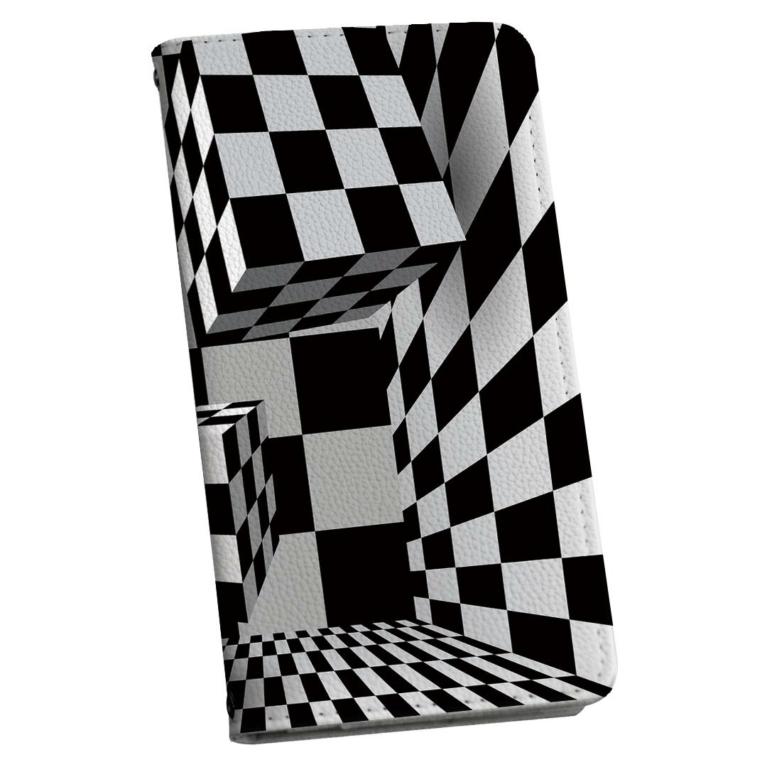 DM-01J AQUOS Disney Mobile dm01j docomo ドコモ スマホ カバー 手帳型 カバー レザー ケース 手帳タイプ フリップ ダイアリー 二つ折り 革 市松模様　白黒 ユニーク 006712