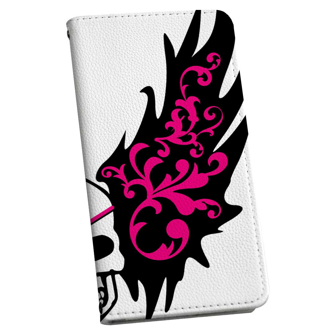 DM-02H Disney Mobile ディズニーモバイル dm02h docomo ドコモ 手帳型 スマホ カバー レザー ケース 手帳タイプ フリップ ダイアリー 二つ折り 革 クール ドクロ 骸骨 羽根 ピンク 007629