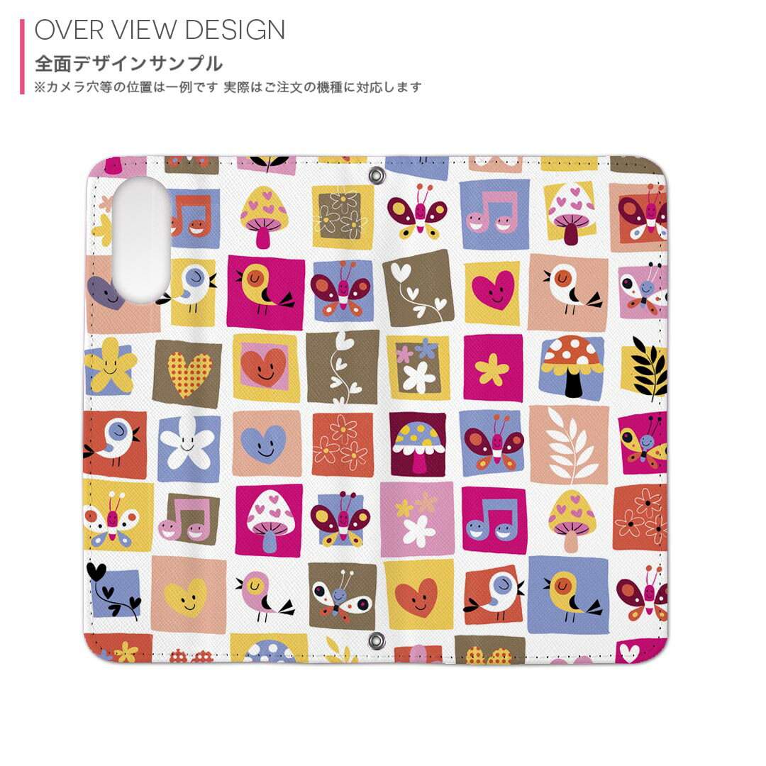 arrows We2 Plus F-51E 用 内側プリント ケース カバー f51e 対応 ケース カバー 手帳型 マグネット式 ピタッと閉まる レザーケース カード収納 ポケット 008141 カラフル　ハート　鳥　花