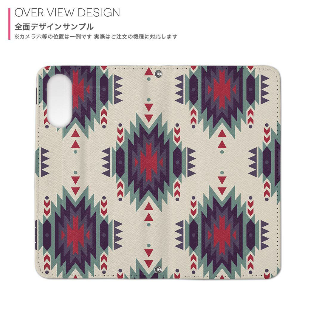 arrows We2 Plus F-51E 用 内側プリント ケース カバー f51e 対応 ケース カバー 手帳型 マグネット式 ピタッと閉まる レザーケース カード収納 ポケット 010731 ネイティブ柄　緑　赤