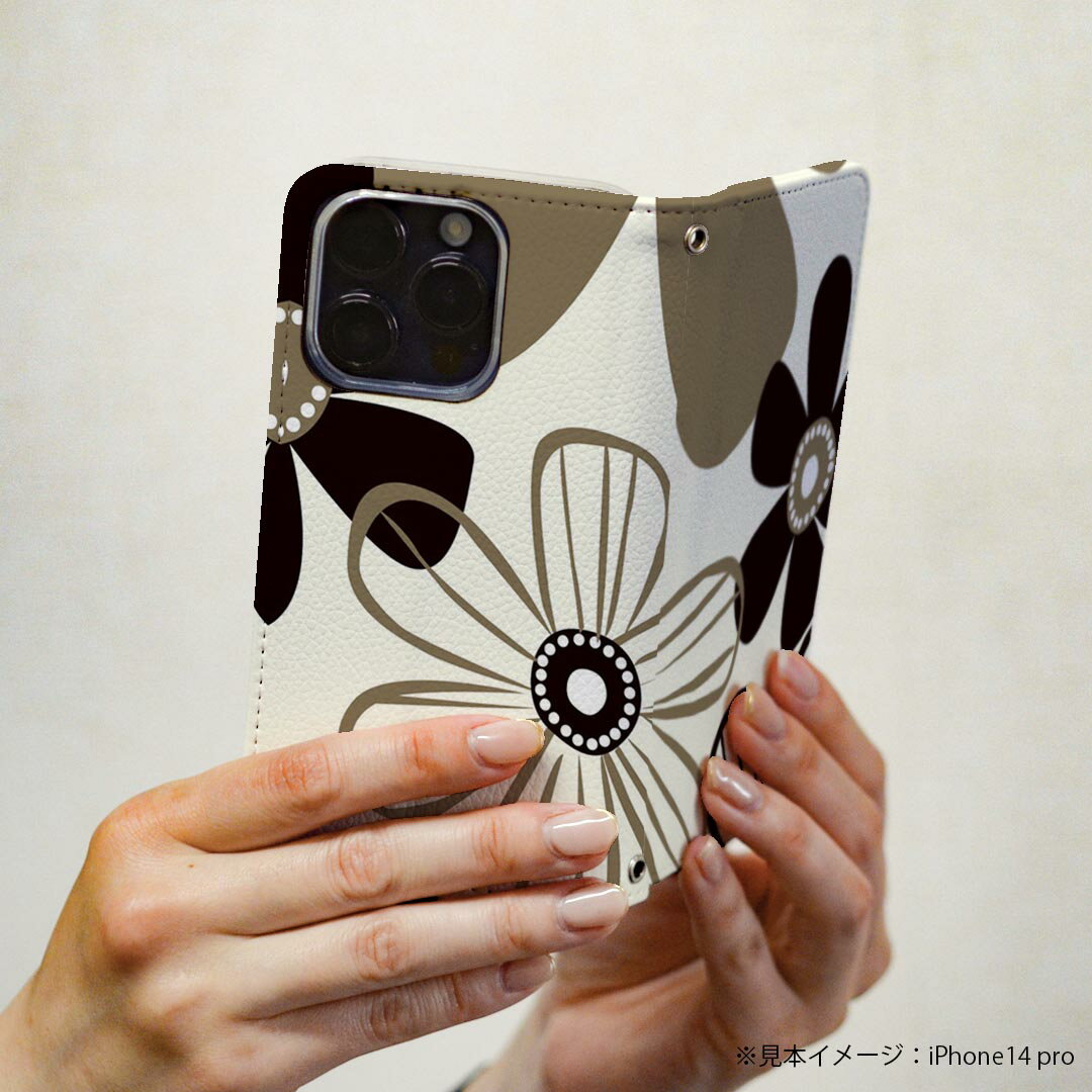 iPhone15 6.1インチ 専用 各キャリア iPhone 15 共通対応 ケース カバー 手帳型 マグネット式 ピタッと閉まる レザーケース iphone 15 カード収納 ポケット igcase 000690 花　モノトーン