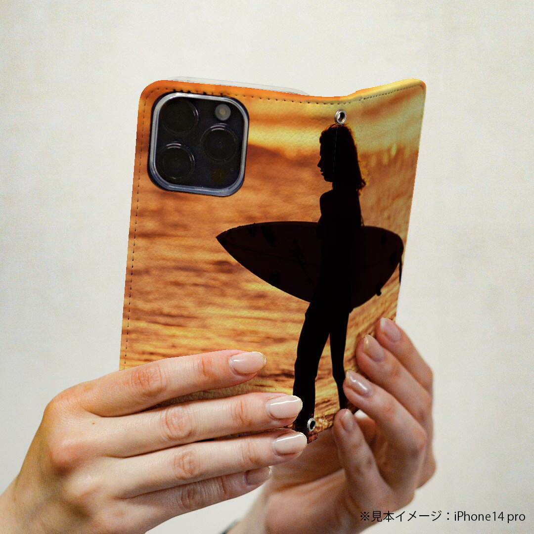 AQUOS sense6 用 スマホカバー SH-54B SHG05 共通対応 ケース カバー 手帳型 マグネット式 ピタッと閉まる レザーケース カード収納 ポケット 001166 サーフィン　夕日