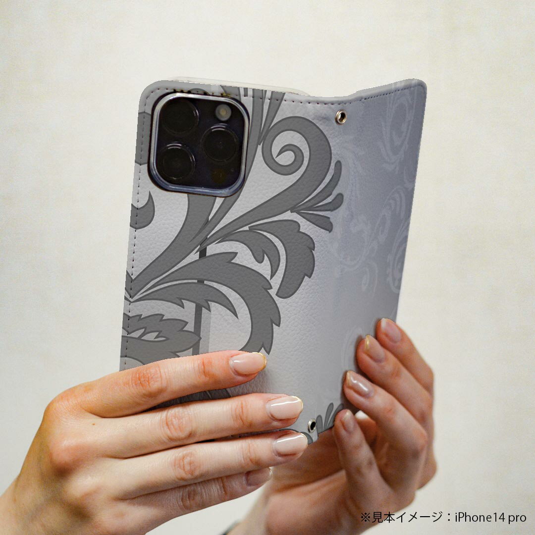 iPhone 16e 用 各キャリア 共通対応 iphone16e 手帳型ケース カバー 手帳型 マグネット式 ピタッと閉まる レザーケース カード収納 ポケット igcase 001204 ダマスク　グレー