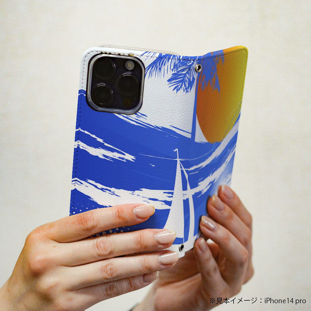 Rakuten BIG s 楽天モバイル 専用 ケース カバー 手帳型 マグネット式 ピタッと閉まる レザーケース カード収納 ポケット igcase 001408 海　太陽　ヤシの木　ヨット