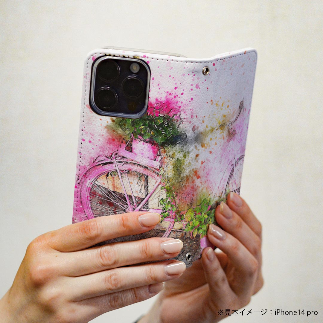iPhone16 6.1インチ 専用 各キャリア iPhone 16 共通対応 ケース カバー 手帳型 マグネット式 ピタッと閉まる レザーケース iphone 16 カード収納 ポケット igcase 022975 自転車　イラスト　花　ペイント