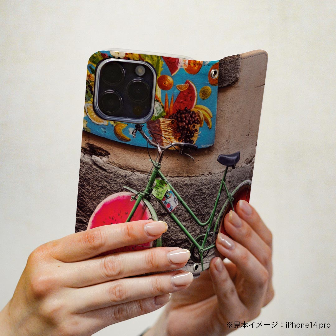 iPhone16pro 6.3インチ 専用 各キャリア iPhone 16 pro 共通対応 ケース カバー 手帳型 マグネット式 ピタッと閉まる レザーケース iphone16pro カード収納 ポケット igcase 023028 スイカ　写真　自転車