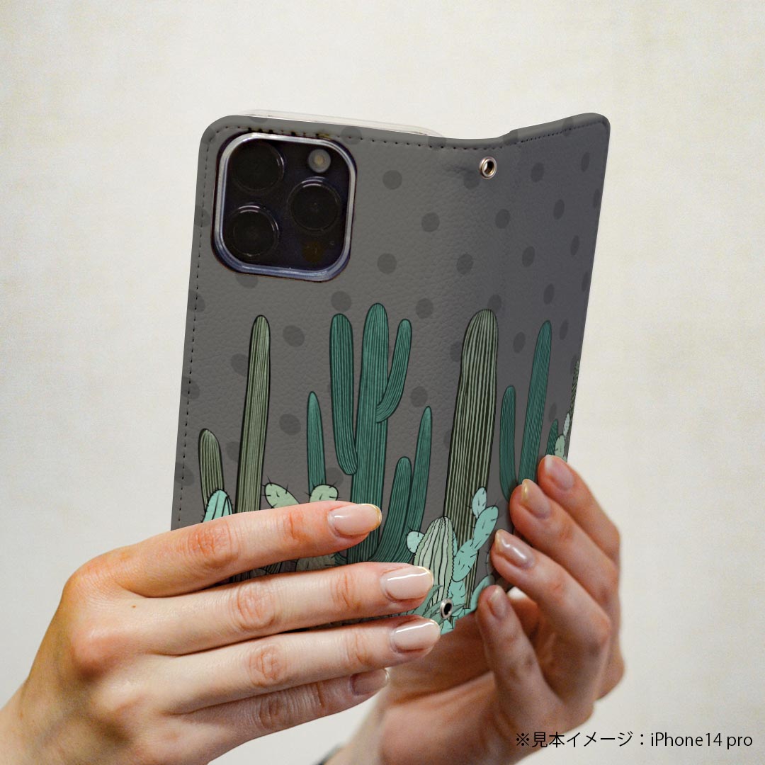 DIGNO BX3 用 A401KC / A402KC / A403KC 共通対応 ケース カバー 手帳型 マグネット式 ピタッと閉まる レザーケース ディグノBX3 カード収納 ポケット igcase 023054 サボテン　イラスト　ドット柄