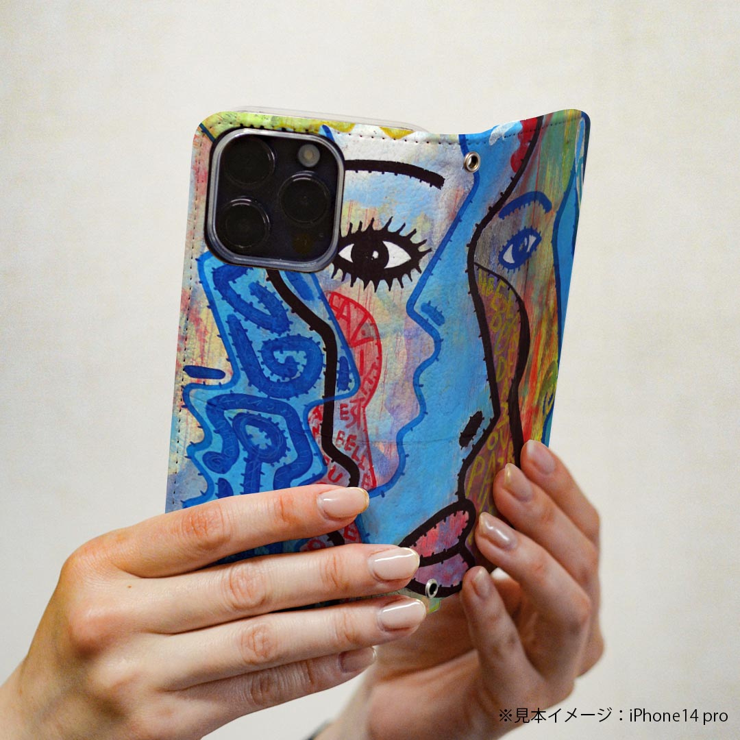 iPhone16pro 6.3インチ 専用 各キャリア iPhone 16 pro 共通対応 ケース カバー 手帳型 マグネット式 ピタッと閉まる レザーケース iphone16pro カード収納 ポケット igcase 023401 人物　顔　ペイント