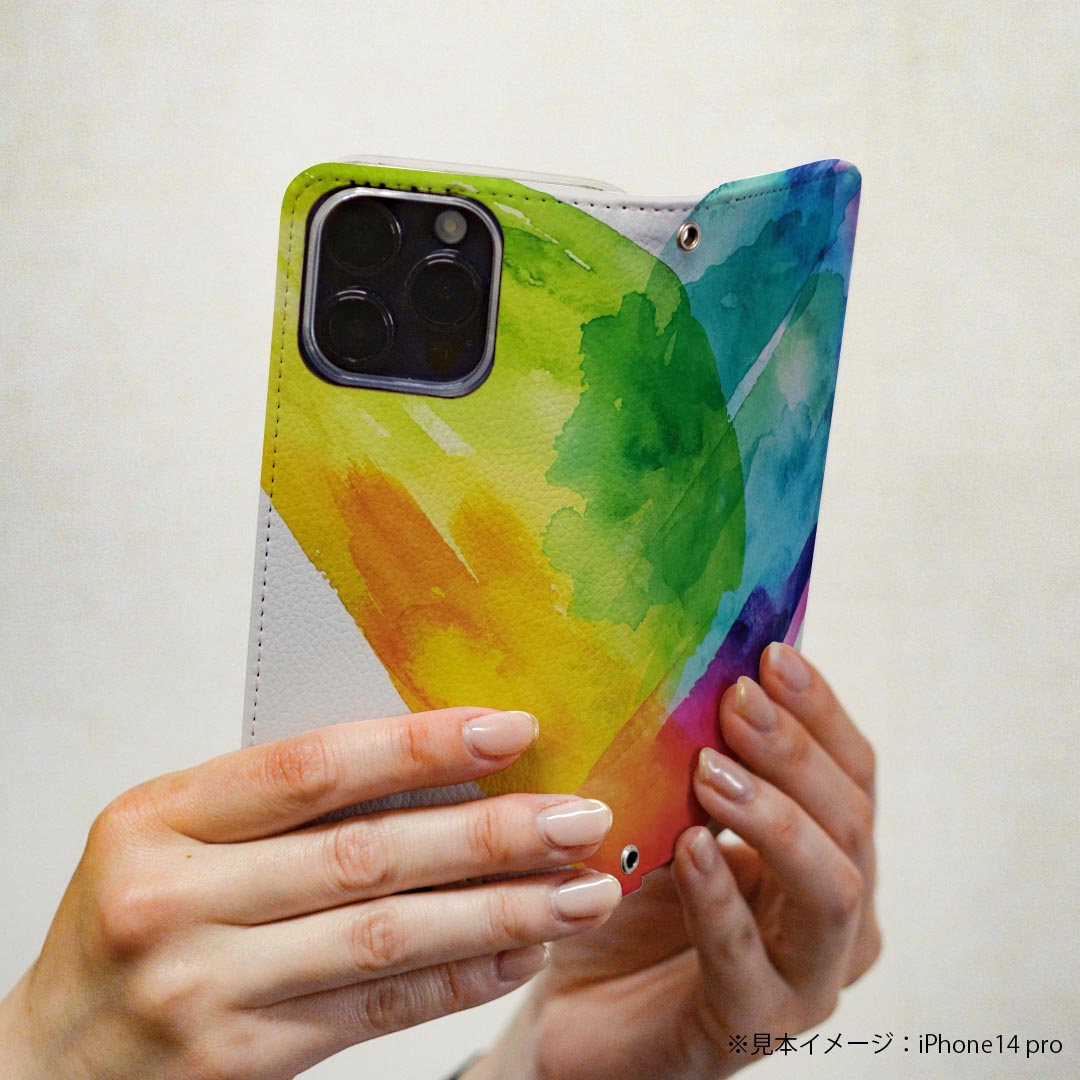 Galaxy A54 5G ギャラクシー SC-53D SCG21 専用 ケース 共通対応 カバー 手帳型 マグネット式 ピタッと閉まる レザーケース sc53d カード収納 ポケット igcase 023431 ハート　レインボー　水彩