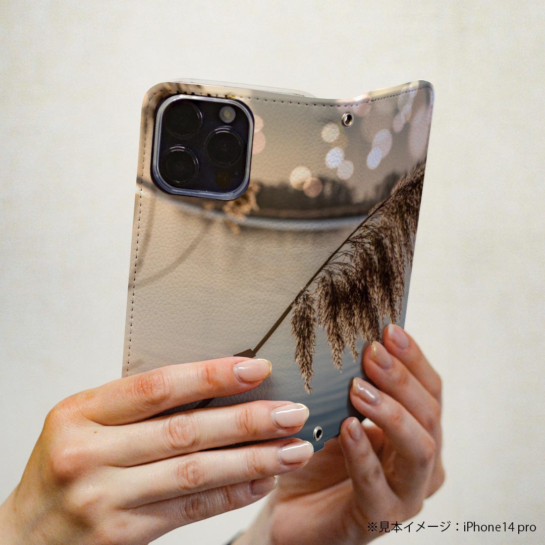 iPhone14 6.1インチ 専用 各キャリア iPhone 14 共通対応 ケース カバー 手帳型 マグネット式 ピタッと閉まる レザーケース iphone 14 カード収納 ポケット igcase 023723 パンパスグラス　植物　水面