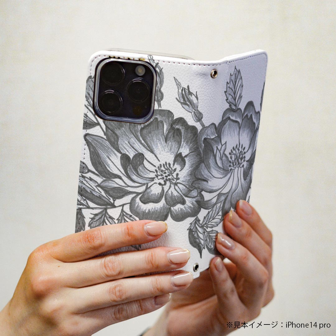 iPhone16 6.1インチ 専用 各キャリア iPhone 16 共通対応 ケース カバー 手帳型 マグネット式 ピタッと閉まる レザーケース iphone 16 カード収納 ポケット igcase 023753 花　フラワー　鉛筆画