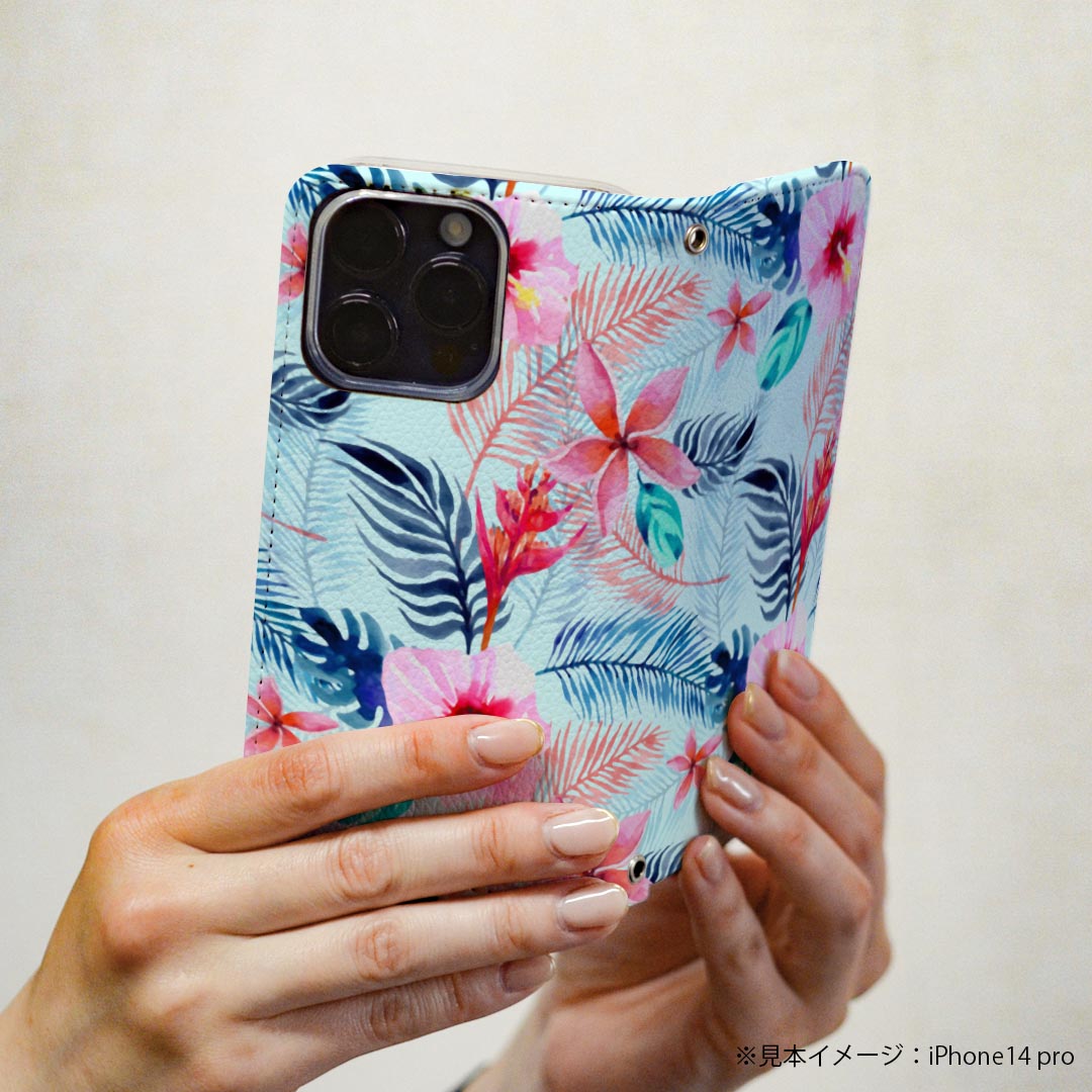 Galaxy S23 FE SCG24 用 ケース カバー 手帳型 マグネット式 ピタッと閉まる レザーケース カード収納 ポケット 023910 花　フラワー　ハイビスカス　柄