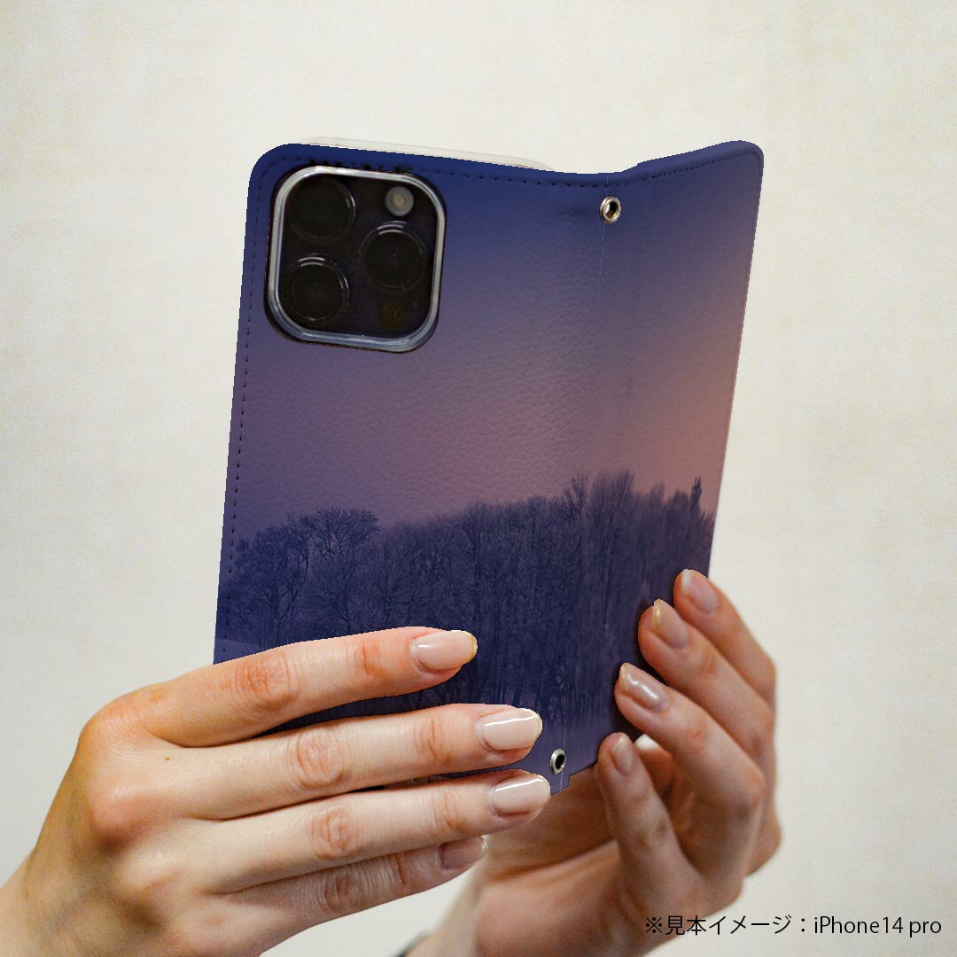 iPhone14 6.1インチ 専用 各キャリア iPhone 14 共通対応 ケース カバー 手帳型 マグネット式 ピタッと閉まる レザーケース iphone 14 カード収納 ポケット igcase 025683 自然　風景　霧　木　月