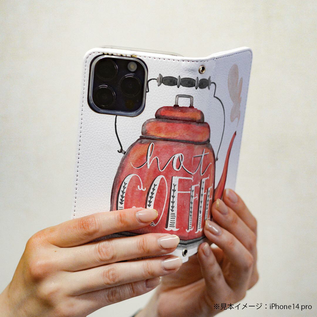 らくらくスマートフォン me 用 スマホカバー F-01L 共通対応 ケース カバー 手帳型 マグネット式 ピタッと閉まる レザーケース カード収納 ポケット 035989 コーヒー やかん 湯気