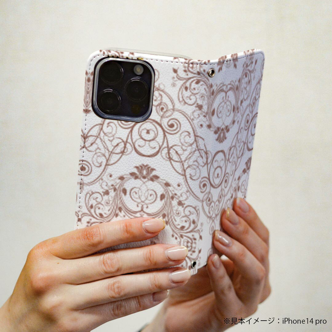 Rakuten BIG s 楽天モバイル 専用 ケース カバー 手帳型 マグネット式 ピタッと閉まる レザーケース カード収納 ポケット igcase 004208 模様　エレガント　白