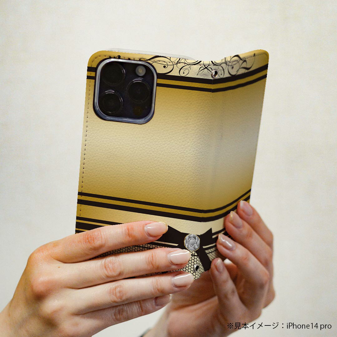 AQUOS wish5 用 スマホカバー SH-52F / SH-M32 共通対応 ケース カバー 手帳型 マグネット式 ピタッと閉まる レザーケース カード収納 ポケット 005049 ゴールド　リボン　ガーリー