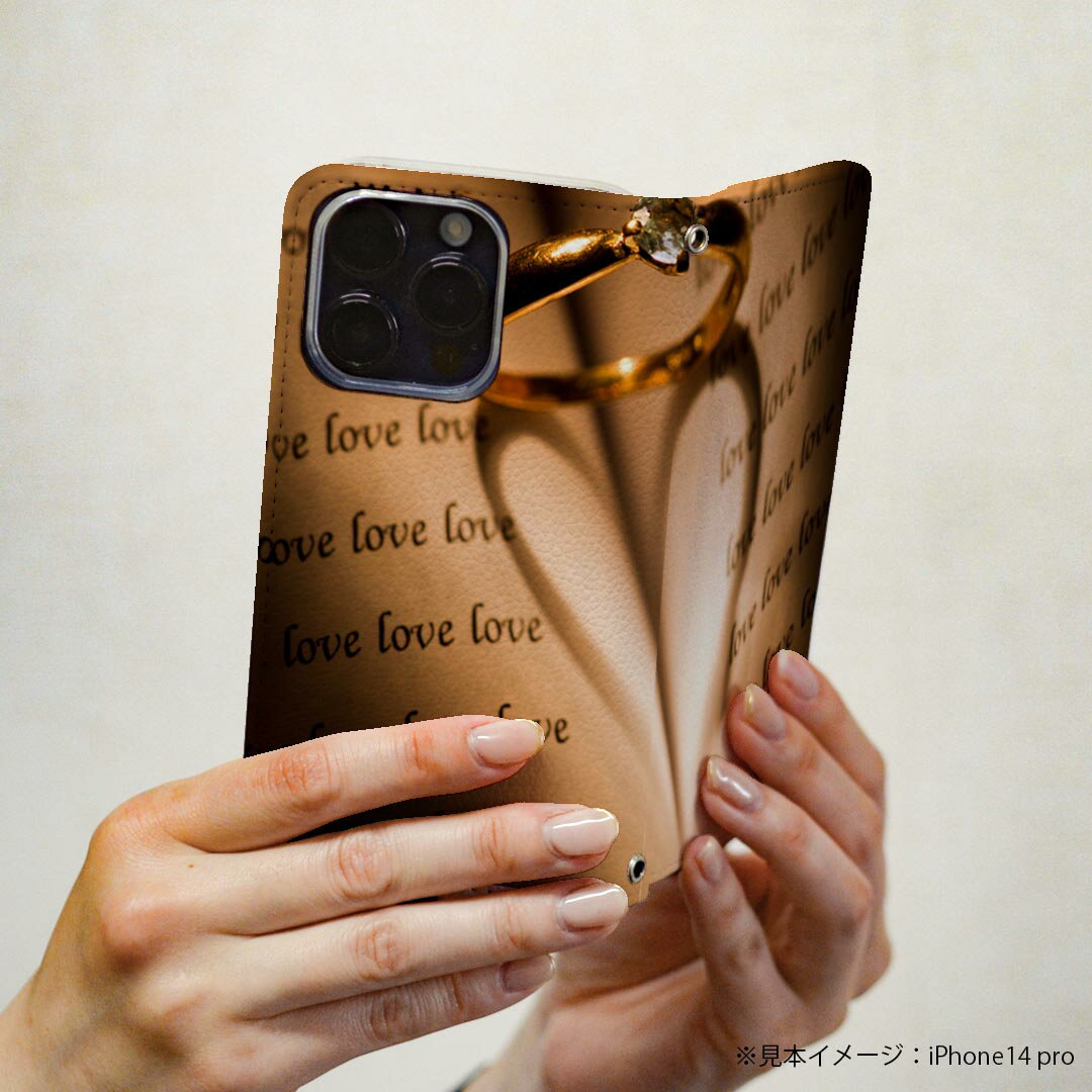 AQUOS sense8 用 スマホカバー SH-54D / SHG11 共通対応 ケース カバー 手帳型 マグネット式 ピタッと閉まる レザーケース カード収納 ポケット 005200 指輪　LOVE　結婚