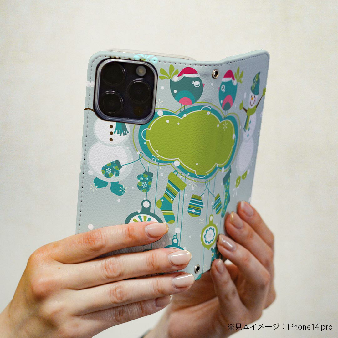 SH-02M AQUOS sense3 アクオス センススリー 専用 ケース カバー 手帳型 マグネット式 ピタッと閉まる レザーケース sh02m docomo ドコモ カード収納 ポケット igcase 005261 クリスマス　雪だるま　緑