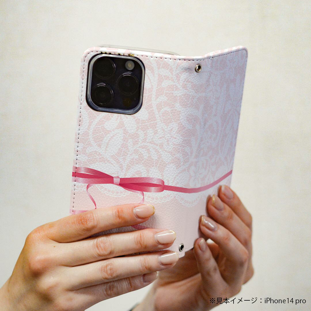 arrows NX F-01J アローズ NX 専用 ケース カバー 手帳型 マグネット式 ピタッと閉まる レザーケース f01j カード収納 ポケット igcase 005365 ピンク　白　リボン　ガーリー