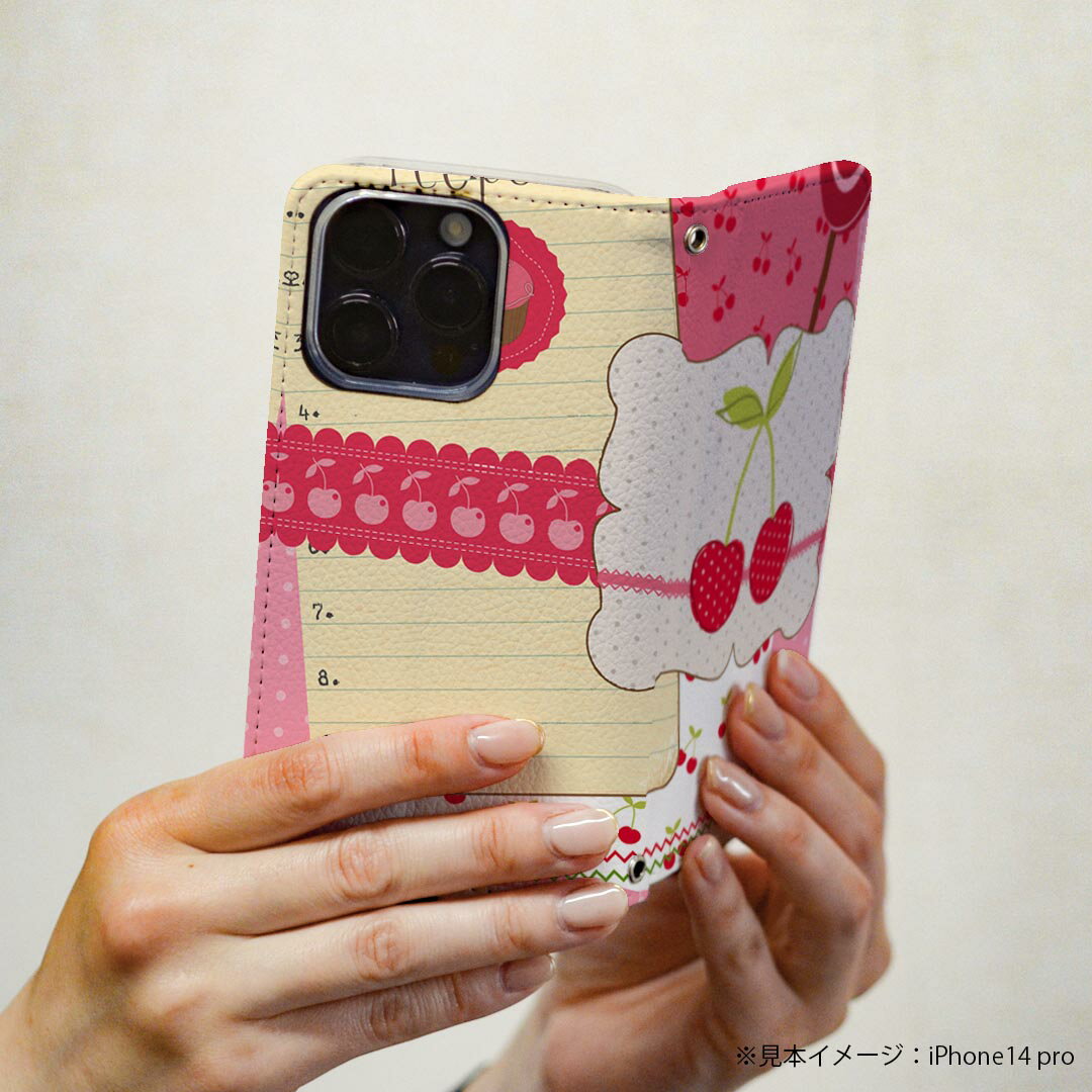 Arrows We F-51B FCG01 用 スマホカバー f51b ケース カバー 手帳型 マグネット式 ピタッと閉まる レザーケース カード収納 ポケット 005884 イラスト　さくらんぼ　ピンク