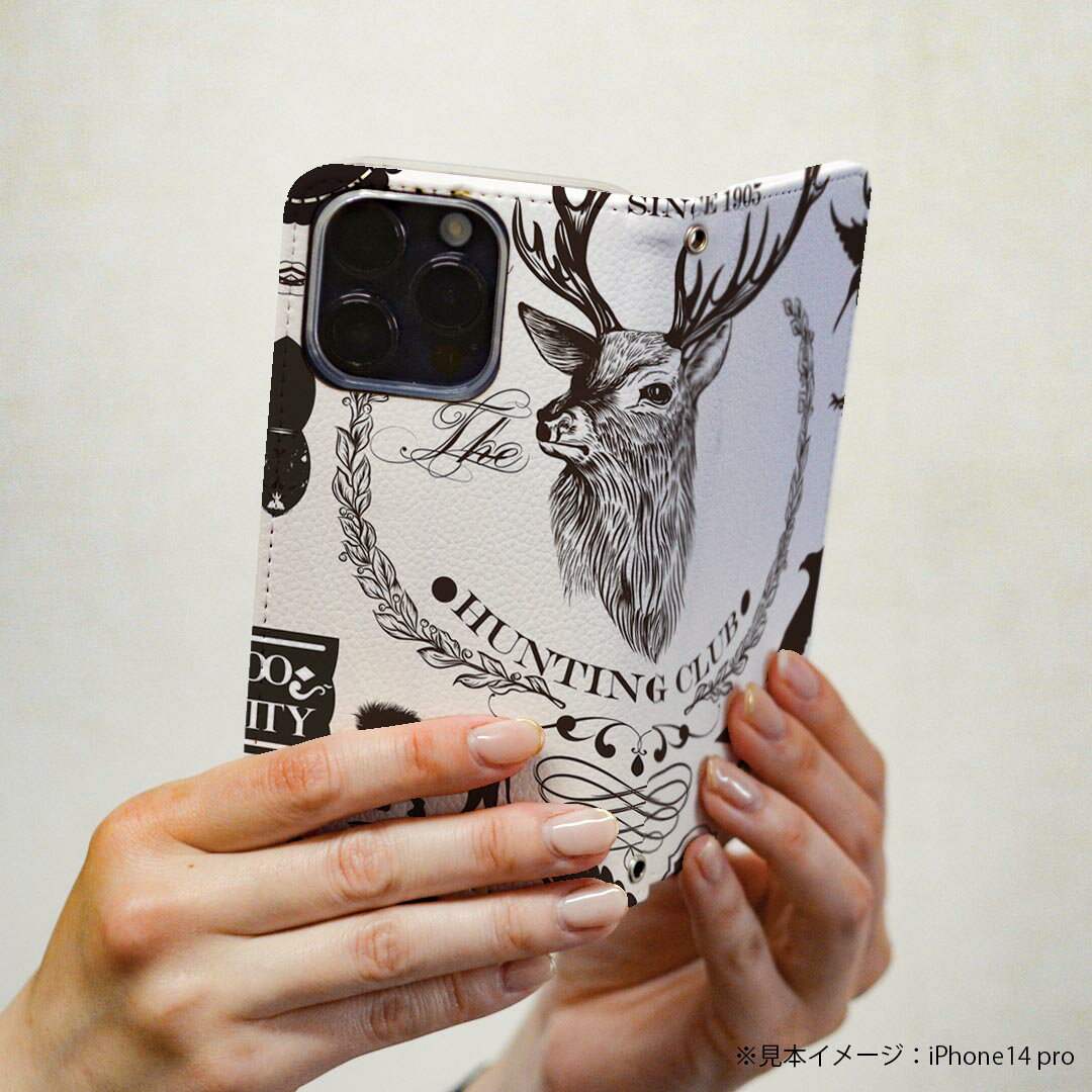 iPhone16 6.1インチ 専用 各キャリア iPhone 16 共通対応 ケース カバー 手帳型 マグネット式 ピタッと閉まる レザーケース iphone 16 カード収納 ポケット igcase 006185 鹿　イラスト　英語　文字