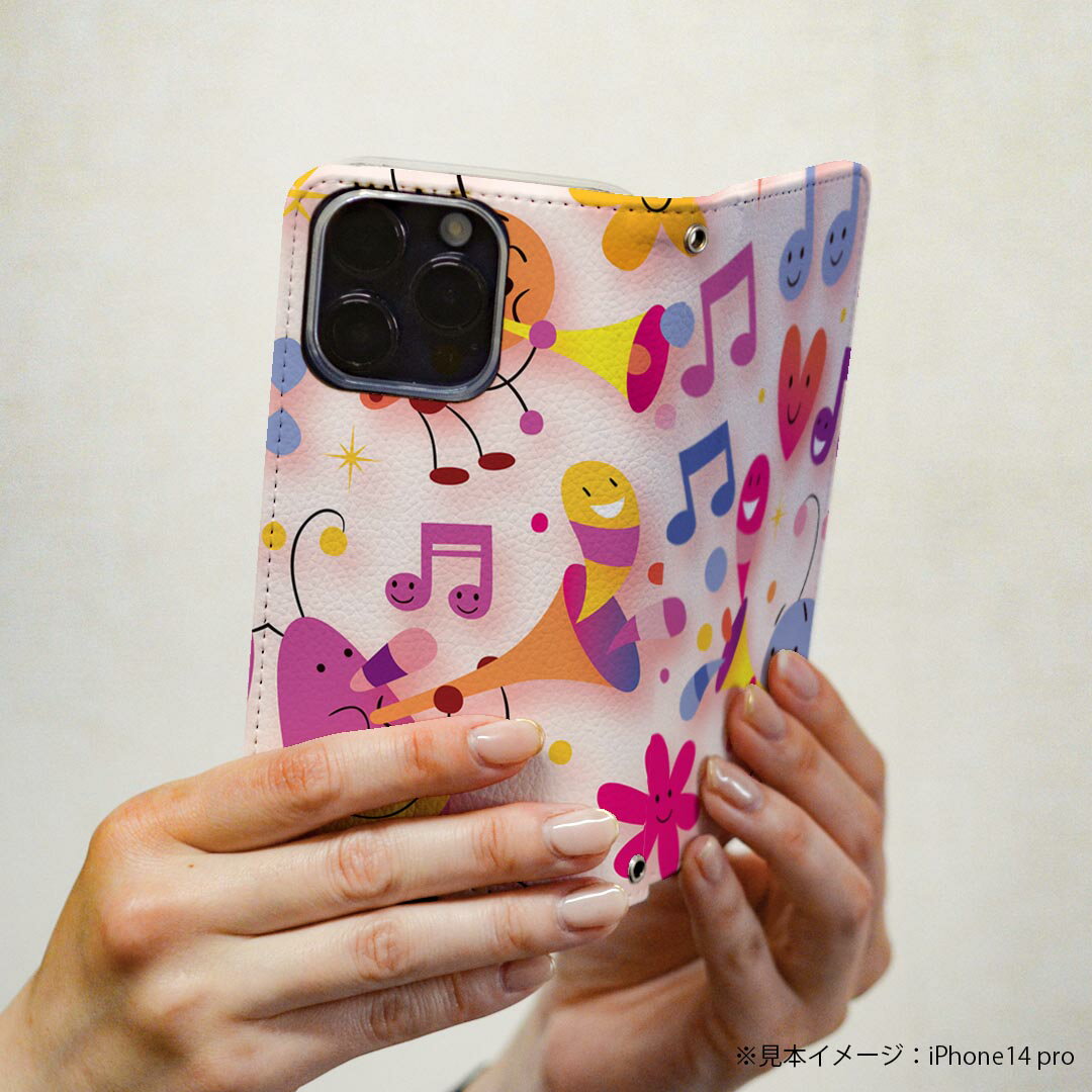 iPhone15promax 6.7インチ 専用 各キャリア iPhone15 Pro Max プロマックス 共通対応 ケース カバー 手帳型 マグネット式 ピタッと閉まる レザーケース カード収納 ポケット igcase 006623 音符　蝶　キャラクター