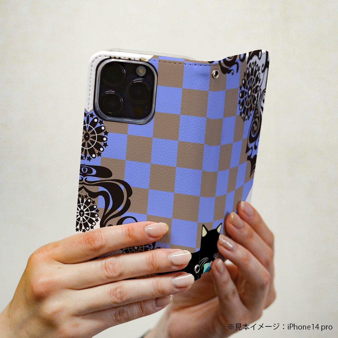 Rakuten BIG s 楽天モバイル 専用 ケース カバー 手帳型 マグネット式 ピタッと閉まる レザーケース カード収納 ポケット igcase 007516 チェック　猫　ネコ　市松模様