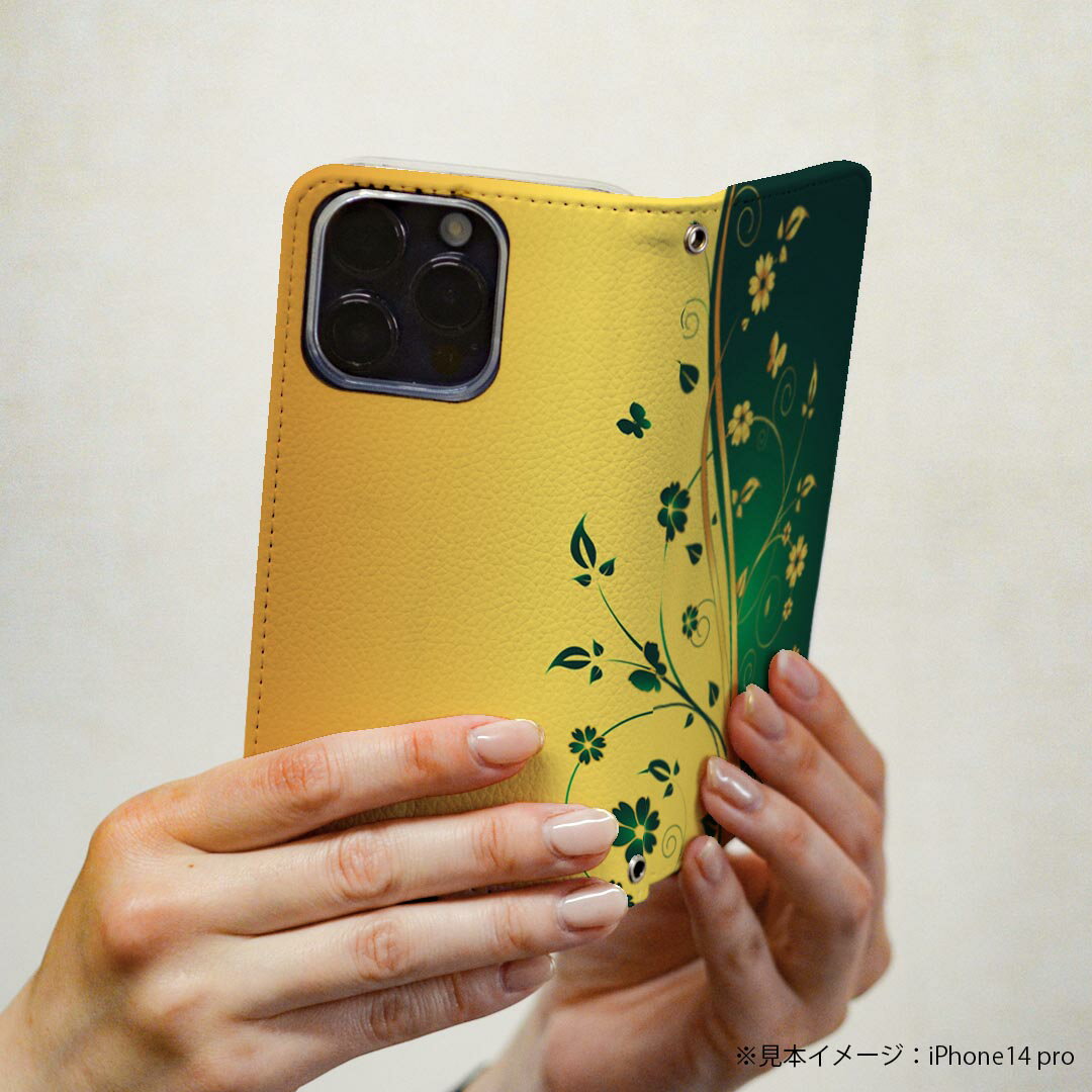 Galaxy A41 SCV48 ギャラクシー scv48 専用 ケース カバー 手帳型 マグネット式 ピタッと閉まる レザーケース カード収納 ポケット igcase 007556 花　　緑　グリーン　イエロー