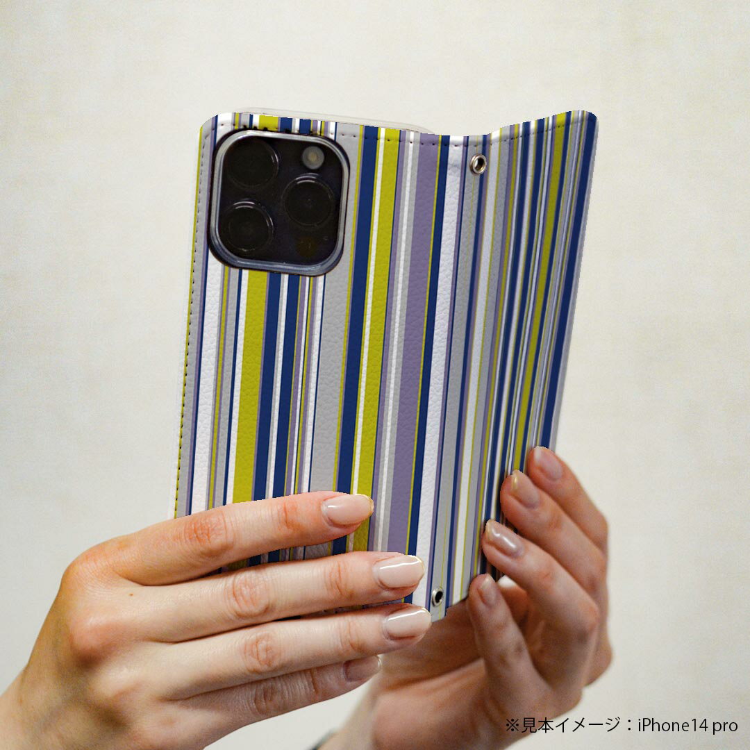 AQUOS wish2 / wish 用 スマホカバー SH-51C / SHG06 / A104SH / SH-M20 共通対応 ケース カバー 手帳型 マグネット式 ピタッと閉まる レザー カード収納 ポケット 007883 ストライプ　青　ブルー　イエロー　模様