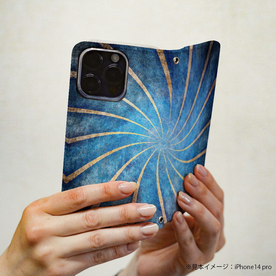 SH-02M AQUOS sense3 アクオス センススリー 専用 ケース カバー 手帳型 マグネット式 ピタッと閉まる レザーケース sh02m docomo ドコモ カード収納 ポケット igcase 007996 青　ブルー　レトロ　うずまき　模様