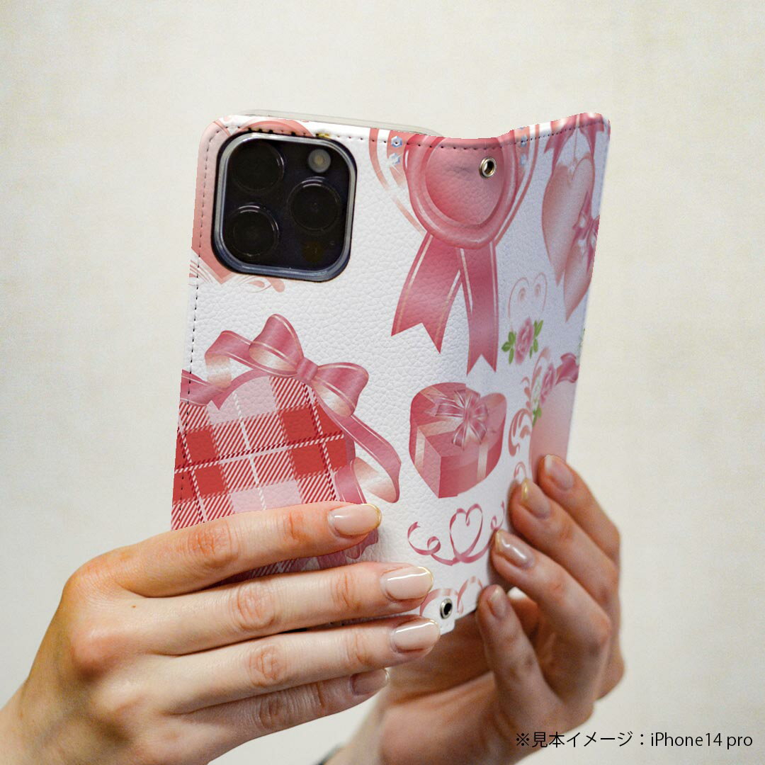 Xperia 10 V 用 スマホカバー SO-52D / SOG11 / A302SO / XQ-DC44 共通対応 ケース カバー 手帳型 マグネット式 ピタッと閉まる レザーケース カード収納 ポケット 008301 バレンタイン　ピンク　リボン　ハート