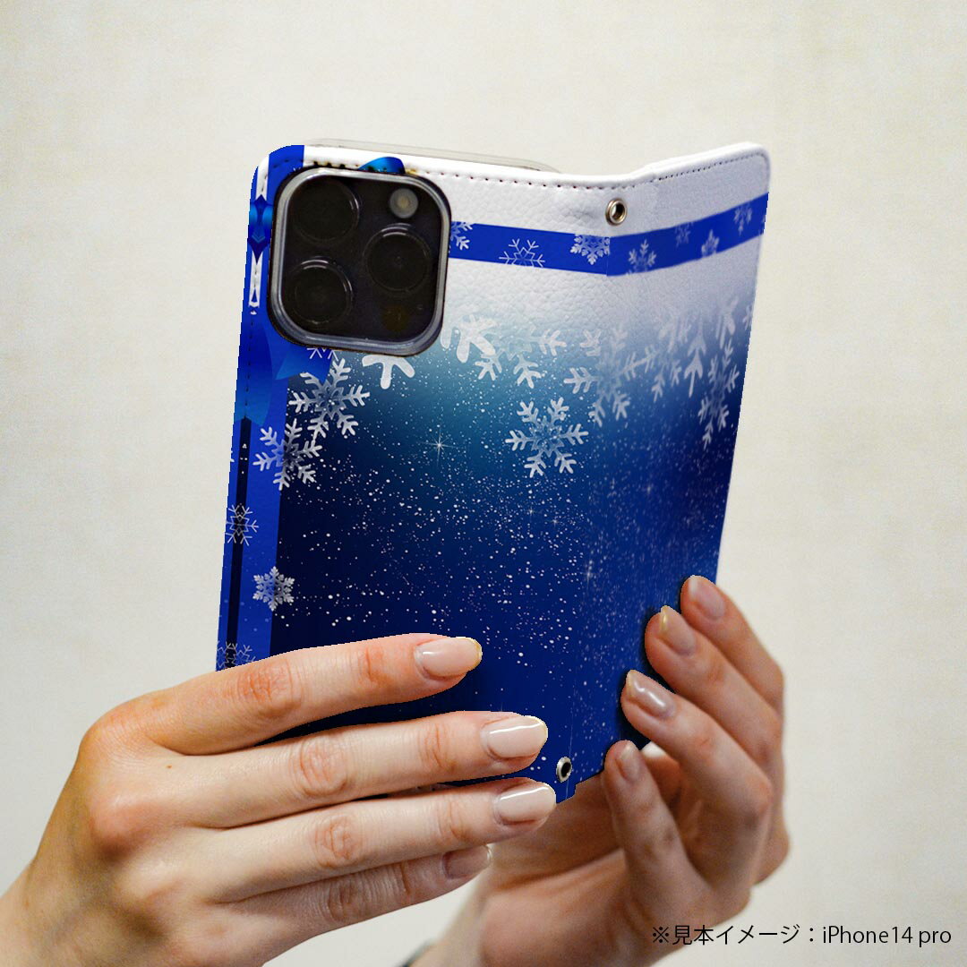 arrows NX F-01K アローズ NX 専用 ケース カバー 手帳型 マグネット式 ピタッと閉まる レザーケース f01k カード収納 ポケット igcase 008486 青　ブルー　リボン　雪　結晶　冬