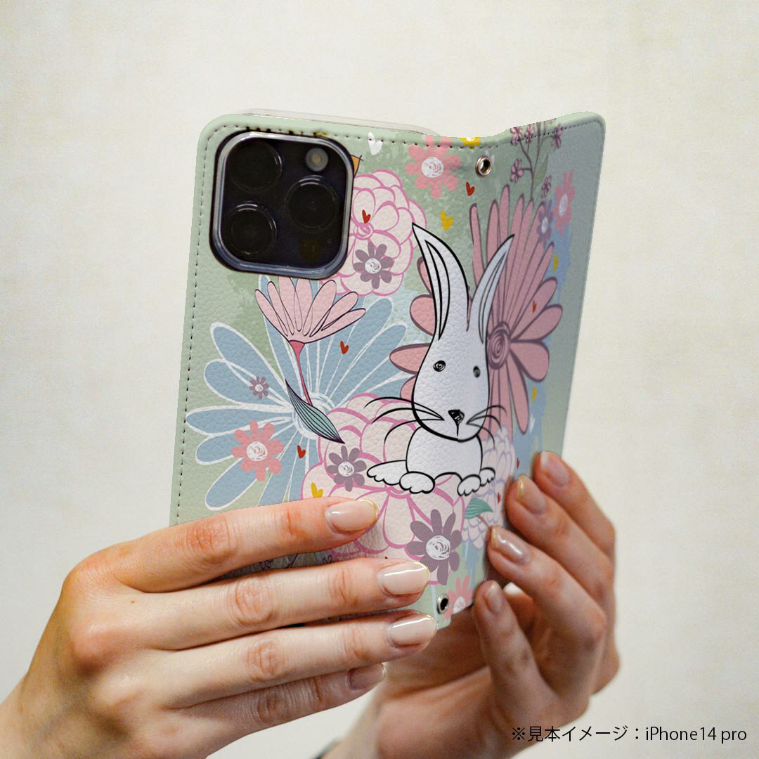 iPhone16pro 6.3インチ 専用 各キャリア iPhone 16 pro 共通対応 ケース カバー 手帳型 マグネット式 ピタッと閉まる レザーケース iphone16pro カード収納 ポケット igcase 008859 イラスト　花　　ウサギ