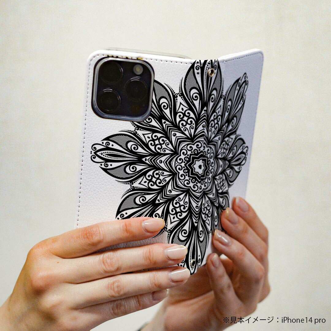 iPhone8 iphone 6/7/8 共通対応 アイフォーン 専用 ケース カバー 手帳型 マグネット式 ピタッと閉まる レザーケース sc02k カード収納 ポケット igcase 010047 アジアン　模様　白　黒