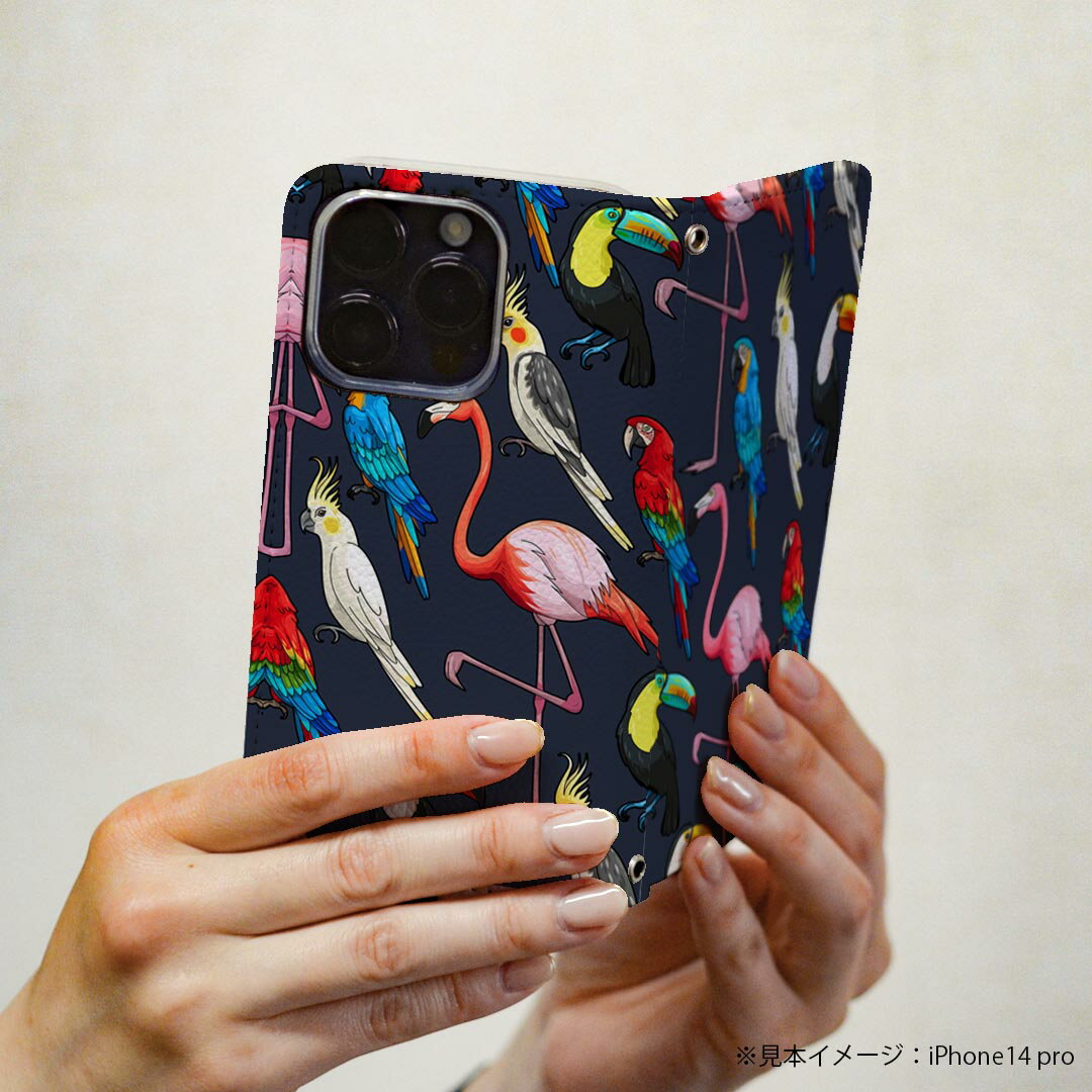 Rakuten BIG s 楽天モバイル 専用 ケース カバー 手帳型 マグネット式 ピタッと閉まる レザーケース カード収納 ポケット igcase 010546 鳥　インコ　フラミンゴ