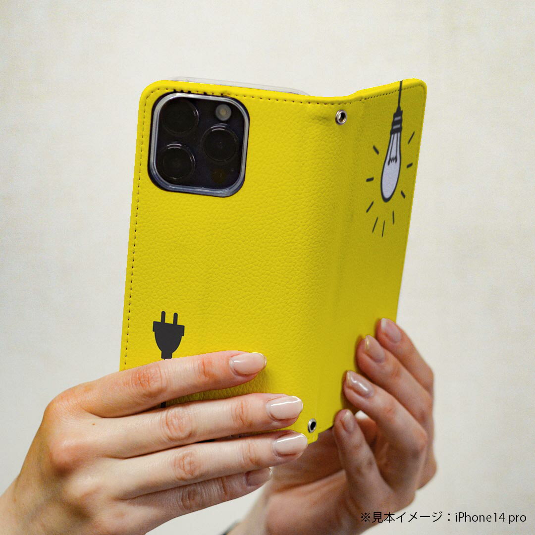 Rakuten BIG s 楽天モバイル 専用 ケース カバー 手帳型 マグネット式 ピタッと閉まる レザーケース カード収納 ポケット igcase 011023 電球　コンセント　黄色