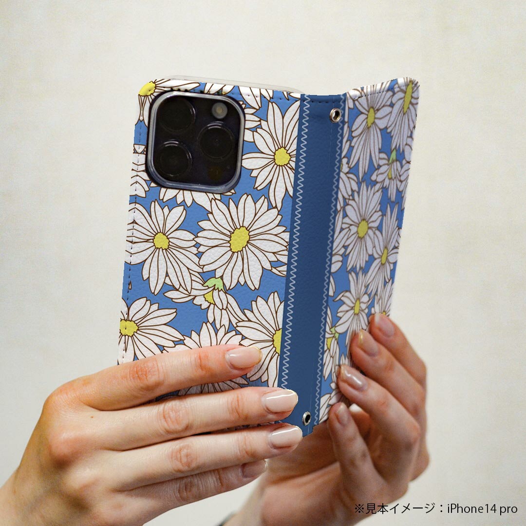 Galaxy A51 5G 専用ケース カバー 手帳 SCG07 au スマコレ igcase 手帳型 レザー 手帳タイプ 革 スマホケース スマホカバー ギャラクシ 011108 マーガレット　花　青