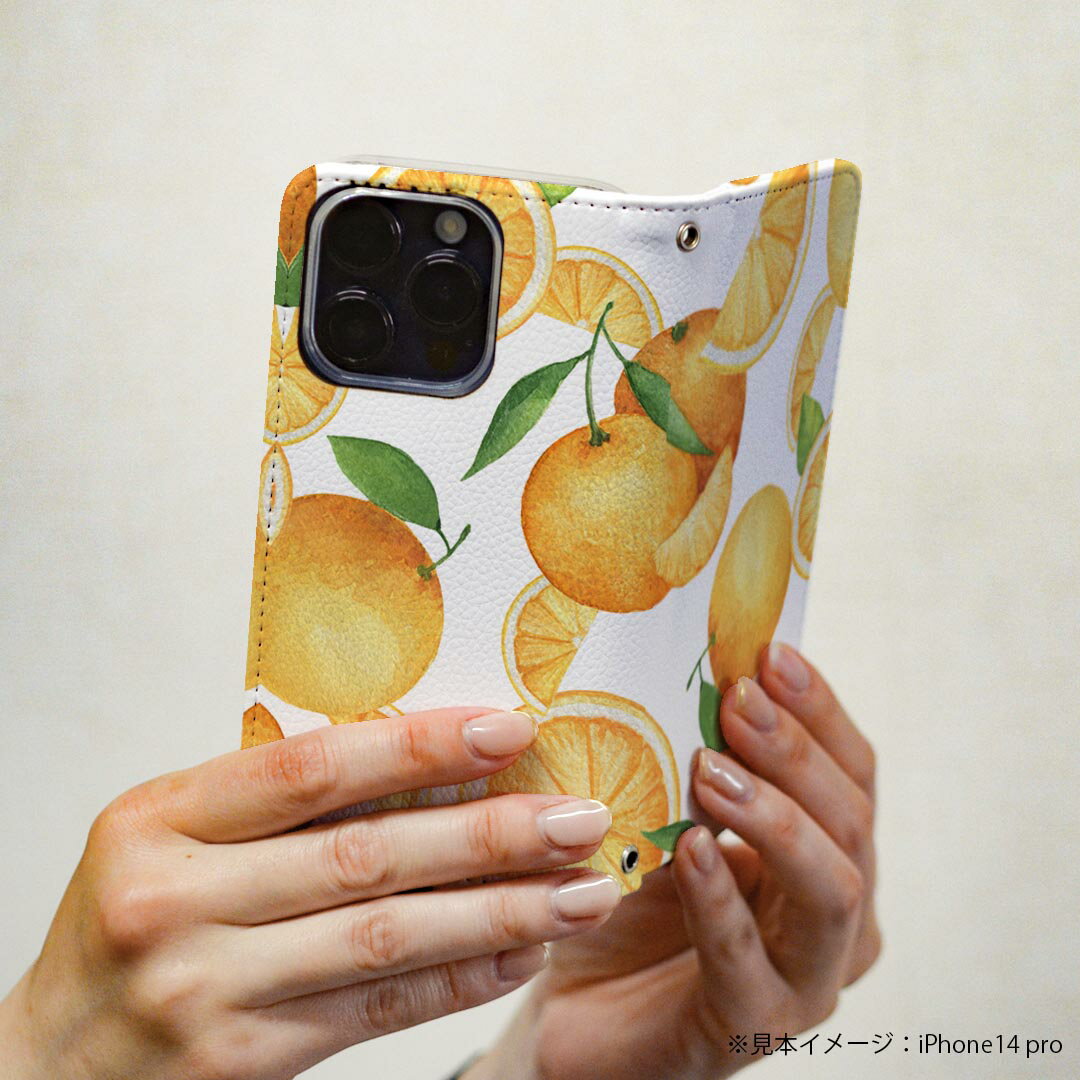 Xperia 1 VII SO-51F 用 エクスペリア SO-51F / SOG15 / QX-FS44 / 共通対応カバー 手帳型 マグネット式 ピタッと閉まる レザーケース カード収納 ポケット igcase 012061 オレンジ　果物　柄