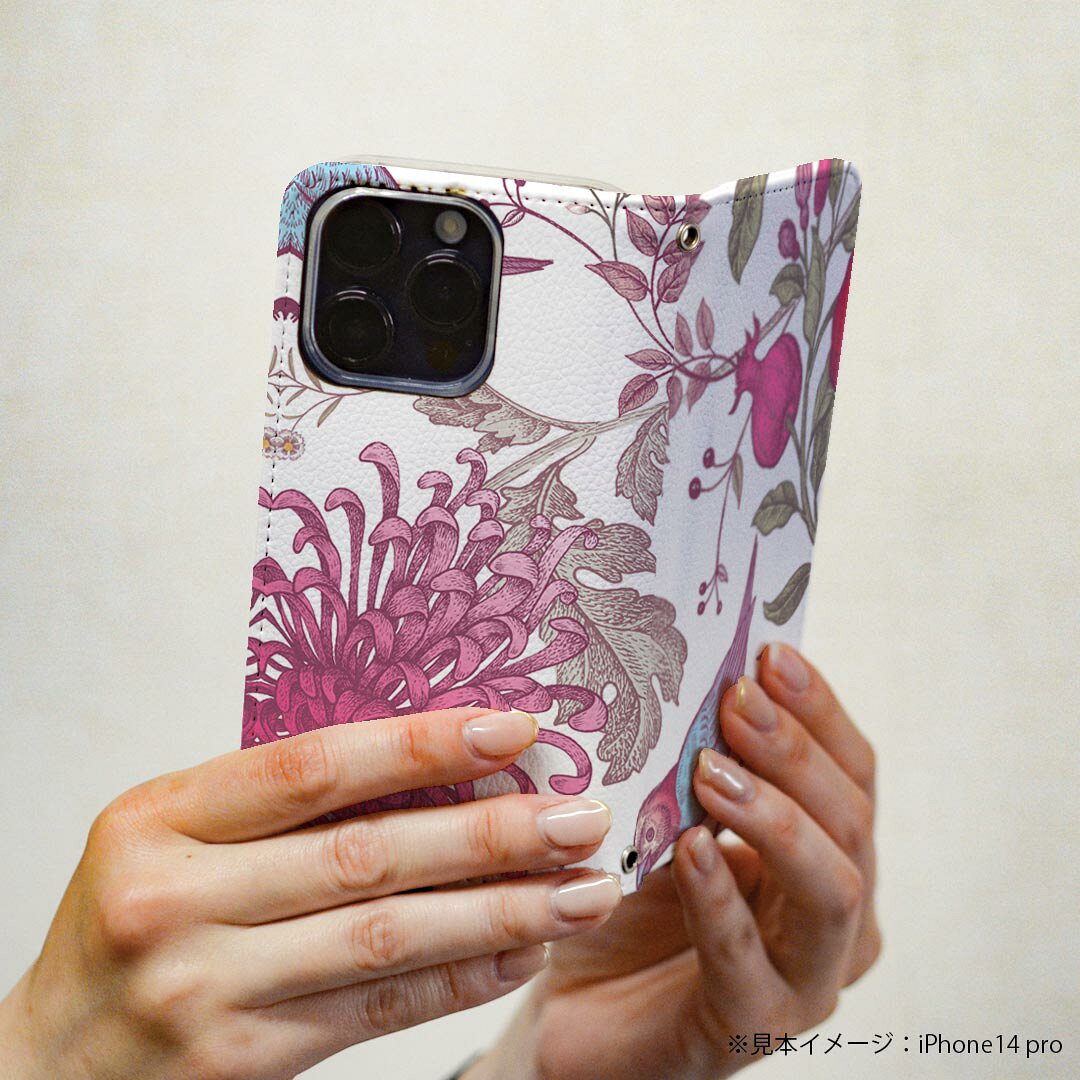 AQUOS sense8 用 スマホカバー SH-54D / SHG11 共通対応 ケース カバー 手帳型 マグネット式 ピタッと閉まる レザーケース カード収納 ポケット 014076 鳥　花