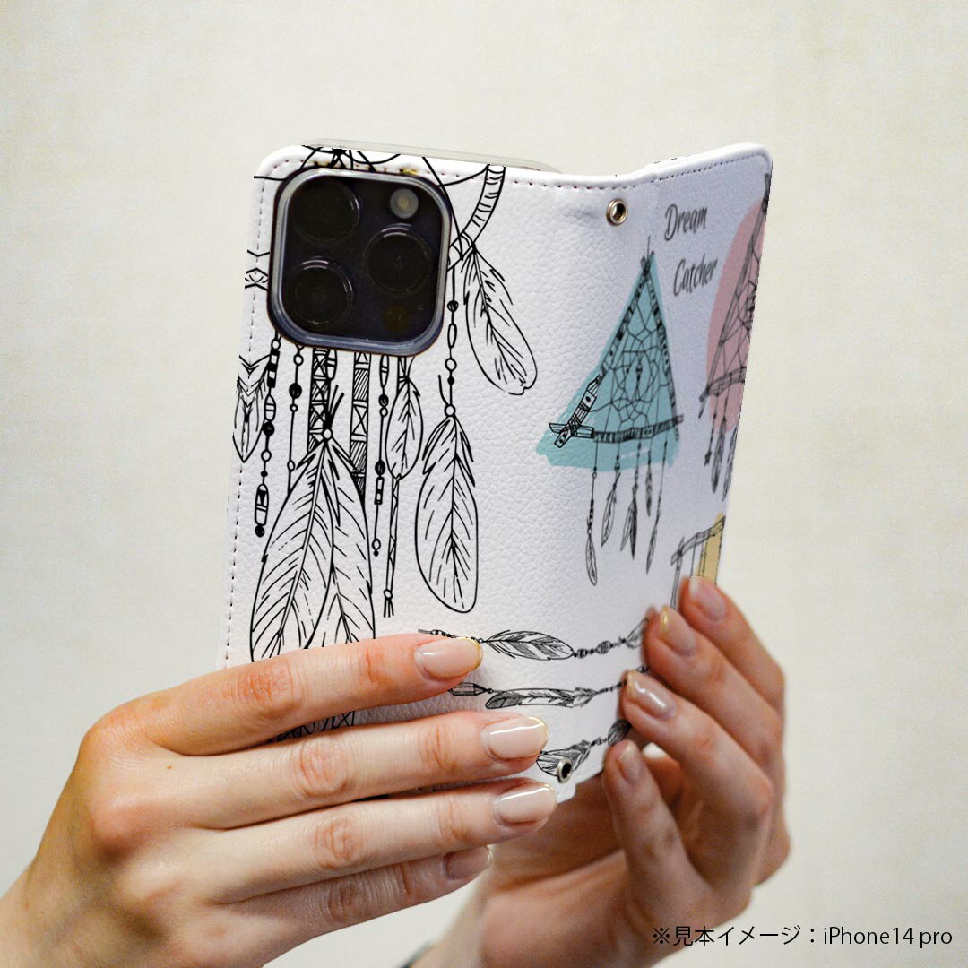 iPhone14pro 6.1インチ 専用 各キャリア iPhone14 Pro プロ 共通対応 ケース カバー 手帳型 マグネット式 ピタッと閉まる レザーケース カード収納 ポケット igcase 014263 ドリームキャッチャー　羽根