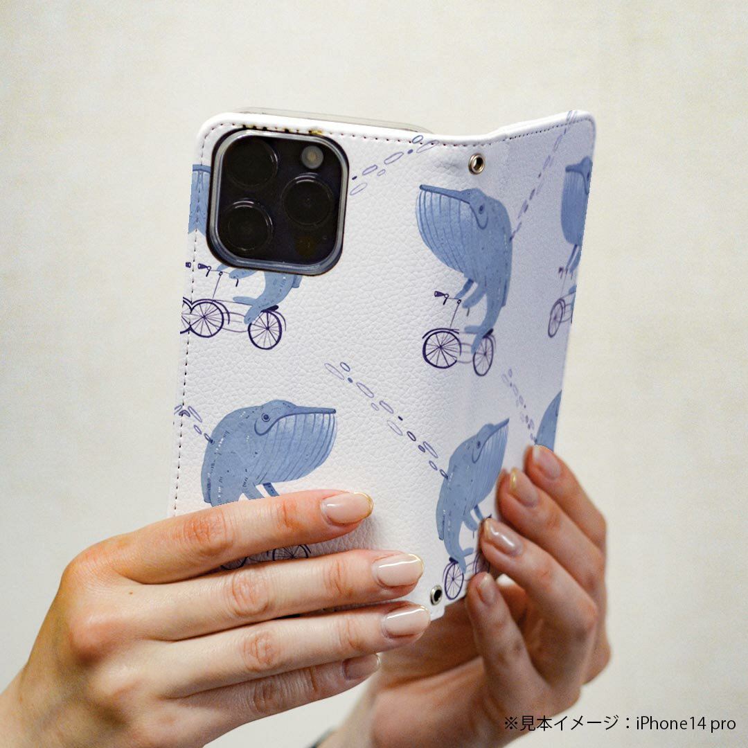 Galaxy A55 5G 用 手帳型ケース SC-53E / SCG27 共通対応 カバー 手帳型 マグネット式 ピタッと閉まる レザーケース sc53e カード収納 ポケット igcase 014757 くじら　自転車　模様