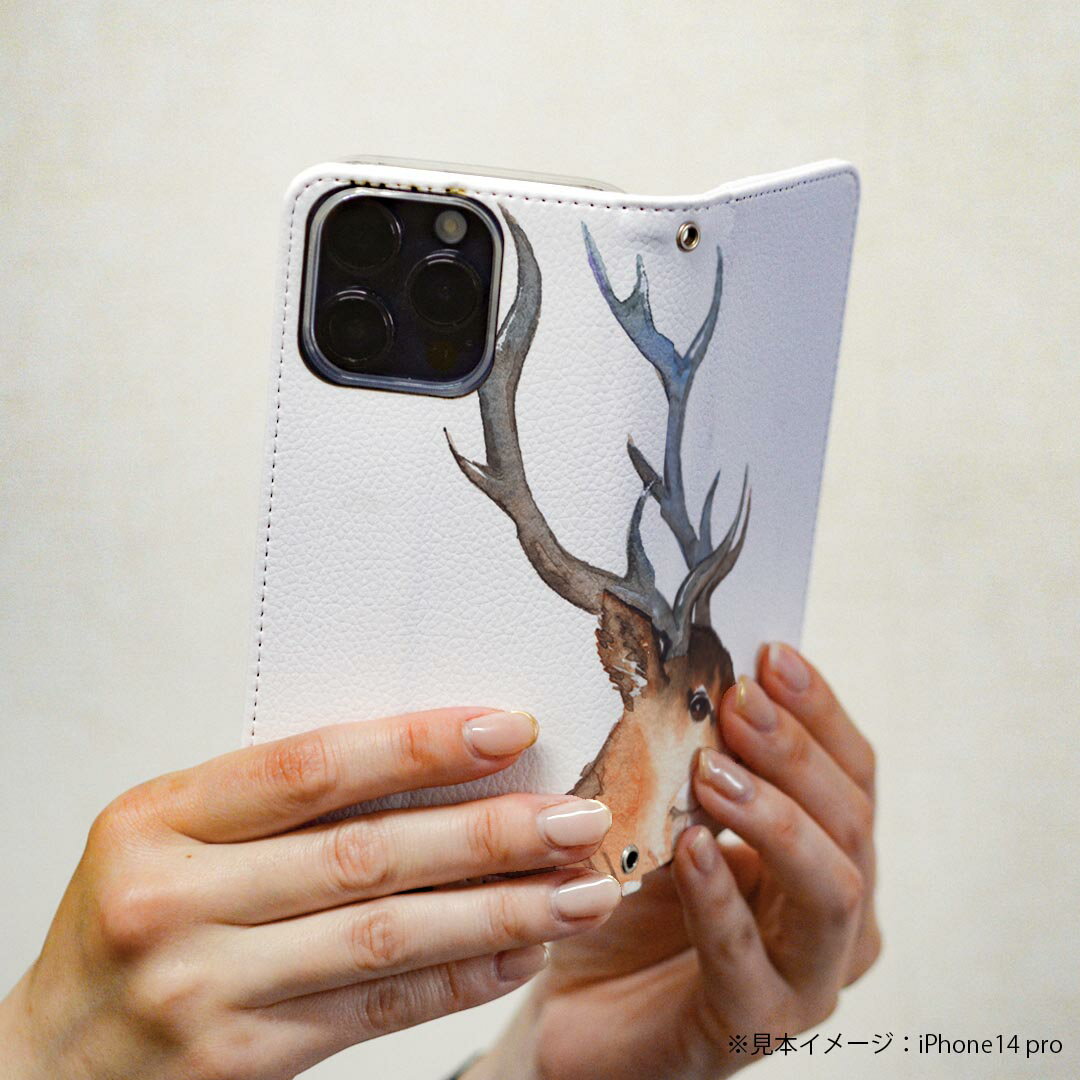 らくらくスマートフォン F-52B 専用 ケース カバー 手帳型 マグネット式 ピタッと閉まる レザーケース f52b カード収納 ポケット igcase 015586 鹿　動物　手書き　絵