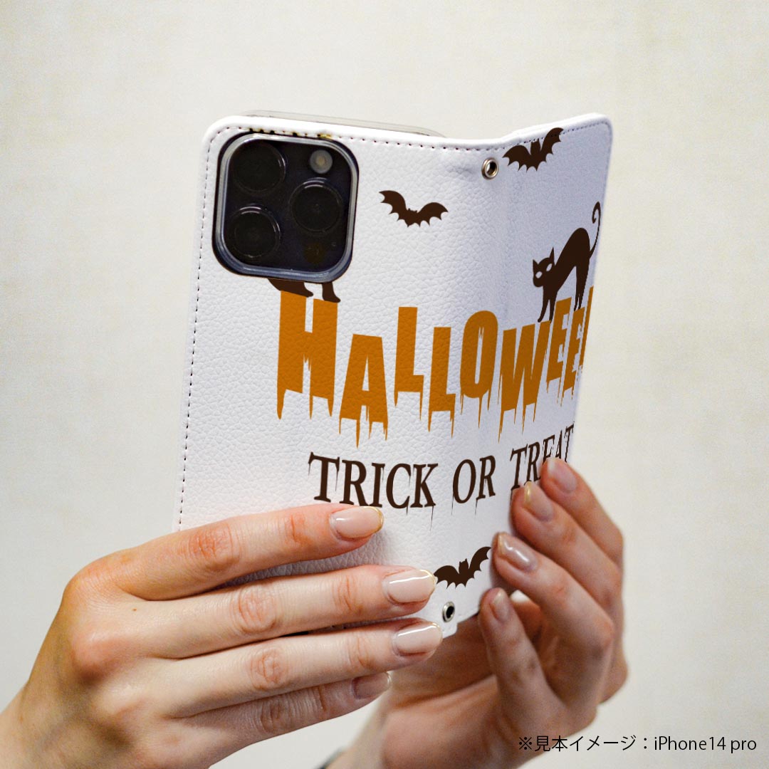 あんしんスマホ KY-51B 専用 ケース カバー 手帳型 マグネット式 ピタッと閉まる レザーケース ky51b カード収納 ポケット igcase 017463 ハロウィン　ホラー 猫　文字　英字 3