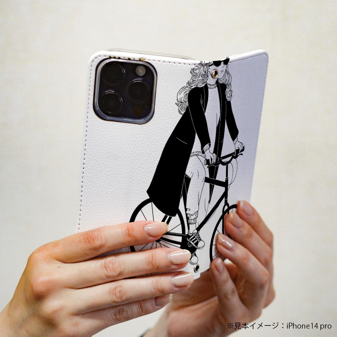 AQUOS wish3 SH-53D A302SH SH-M25 用 ケース カバー 手帳型 マグネット式 ピタッと閉まる レザーケース sh53d カード収納 ポケット 017774 女の子　白黒　自転車